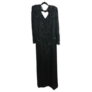 Vintage Right Choice Silk Beaded Gown Black Evening Dress 1980s Made in India‎